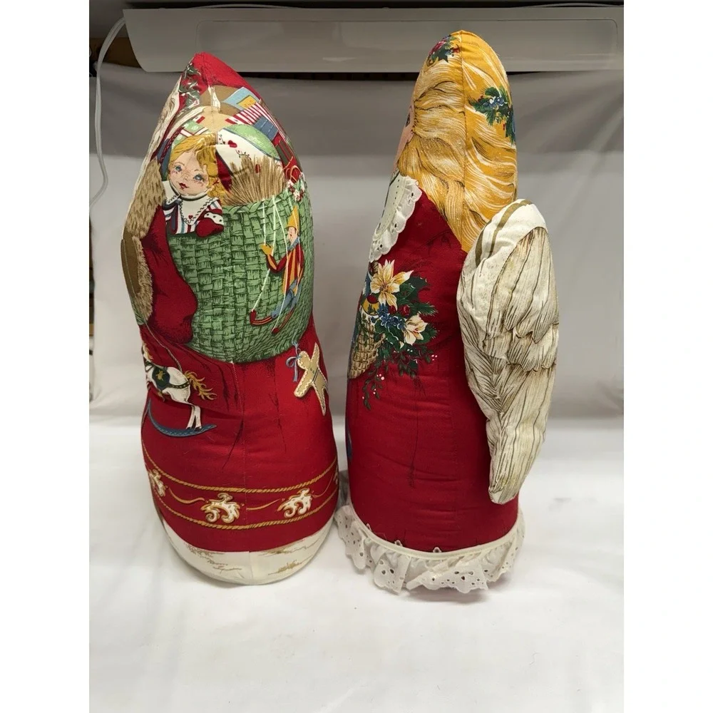 Vtg Fabric Father Christmas & Christmas Angel Stuffed Pillows Freestanding 18
